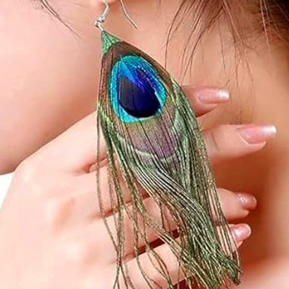 Peacock Feather Hook Dangle Boho Earrings - Picture 3 of 5